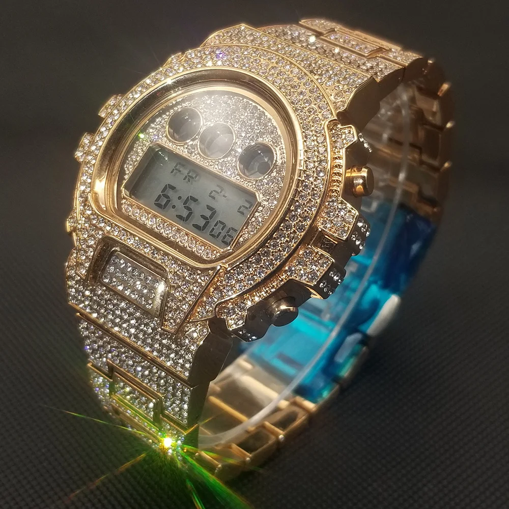 Missfox hip hop totalmente congelado para fora relógios masculinos digital luxo diamante cronógrafo relógio de pulso aaa clássico aço inoxidável 2021