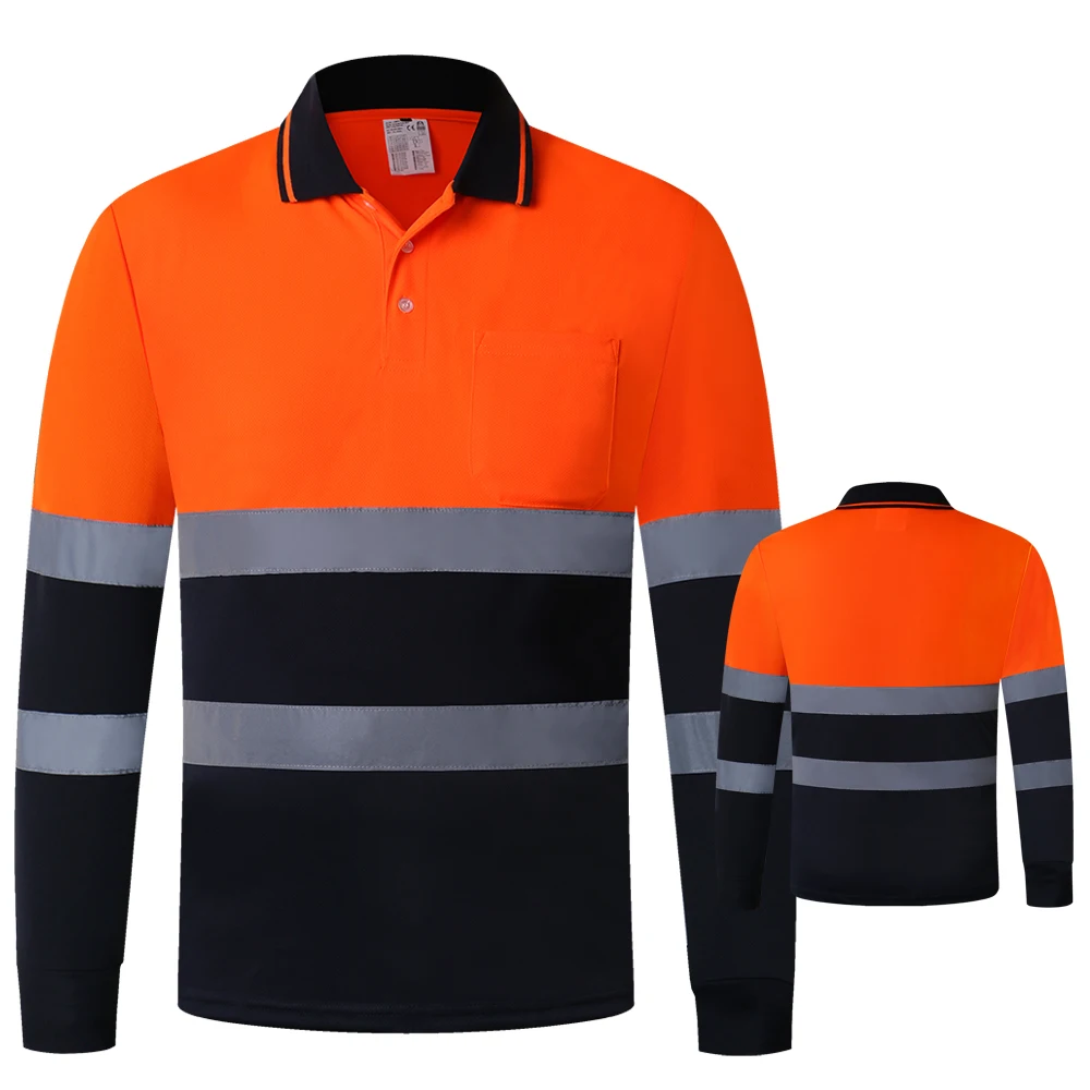 Imagem -03 - Polo de Segurança de Manga Comprida de Dois Tons Laranja Alta Visibilidade Camisa Reflexiva com Bolsos Camisa de Trabalho Hi-vis