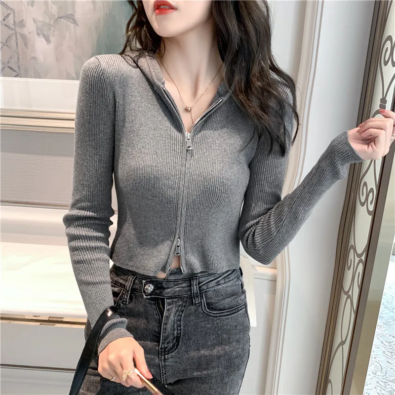 

2020 Sexy Women Hooded Zipper Knit Cardiga New Korean Slim Thin Short Sweaters Autumn Winter Female Top Coat Knitted Clothes