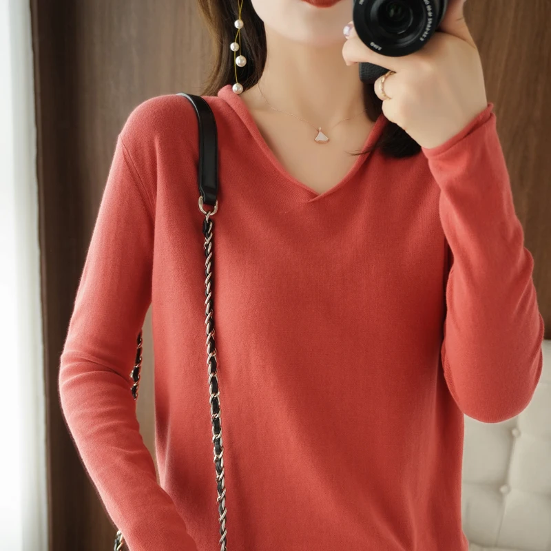 Loose Lazy V-neck Knitted Sweater Women Fall Winter Pure Cotton Pullovers Women\'s Long Sleeve Tops