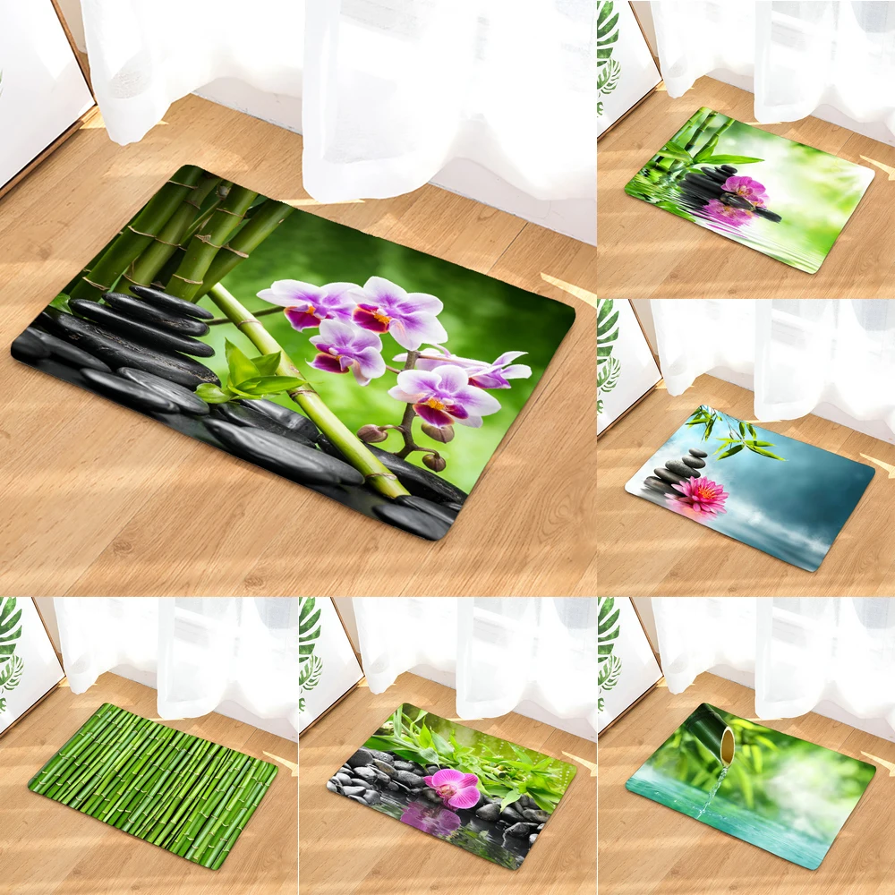 Bathroom Non-slip Mat Plant Flower Bamboo Zen Stone 3D Printed Bath Mat Floor Carpet Toilet Rug Doormat 45*75CM and 40*60CM