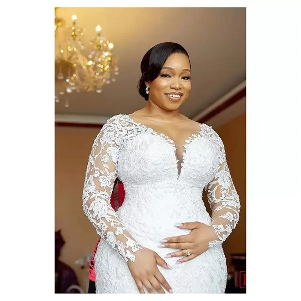 Abiti da sposa a sirena Aso Ebi arabi Plus Size maniche lunghe Appliques collo trasparente Boho donna abiti da sposa bianchi Robe De Mairee