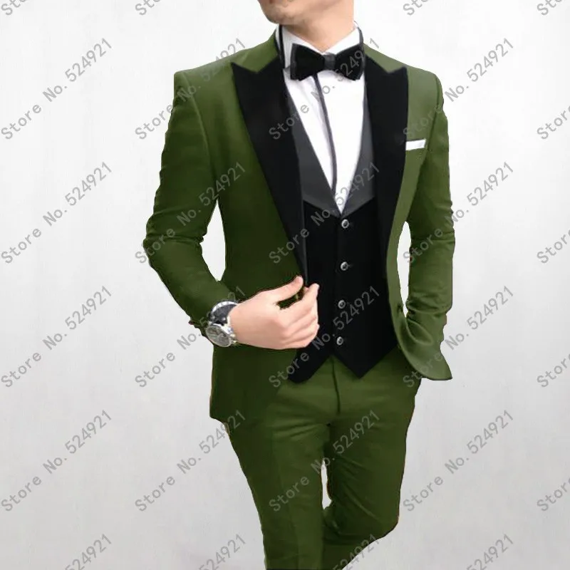 Newest Groomsmen Peak Velvet Lapel Groom Tuxedos Olive Green+Black Men Suits Wedding Best Man (Jacket+Pants+Bow Tie+Vest) C623