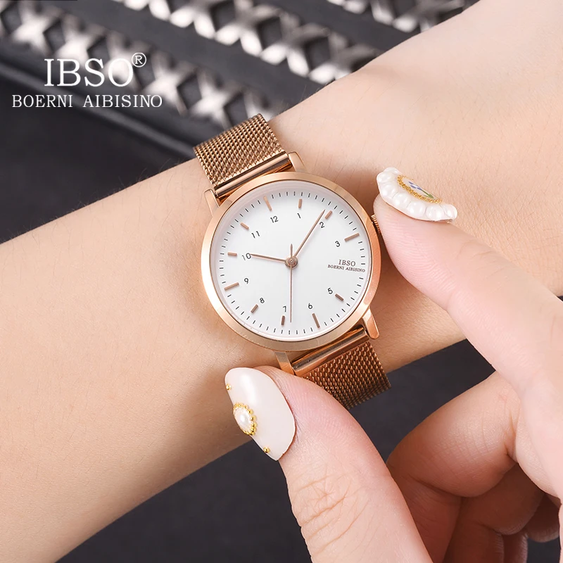 IBSO Brand Women‘s Watch Fashion Rose Gold Color Quartz Watch Femme Mesh Band Wrist Watch Japan Movement Relogio Feminino