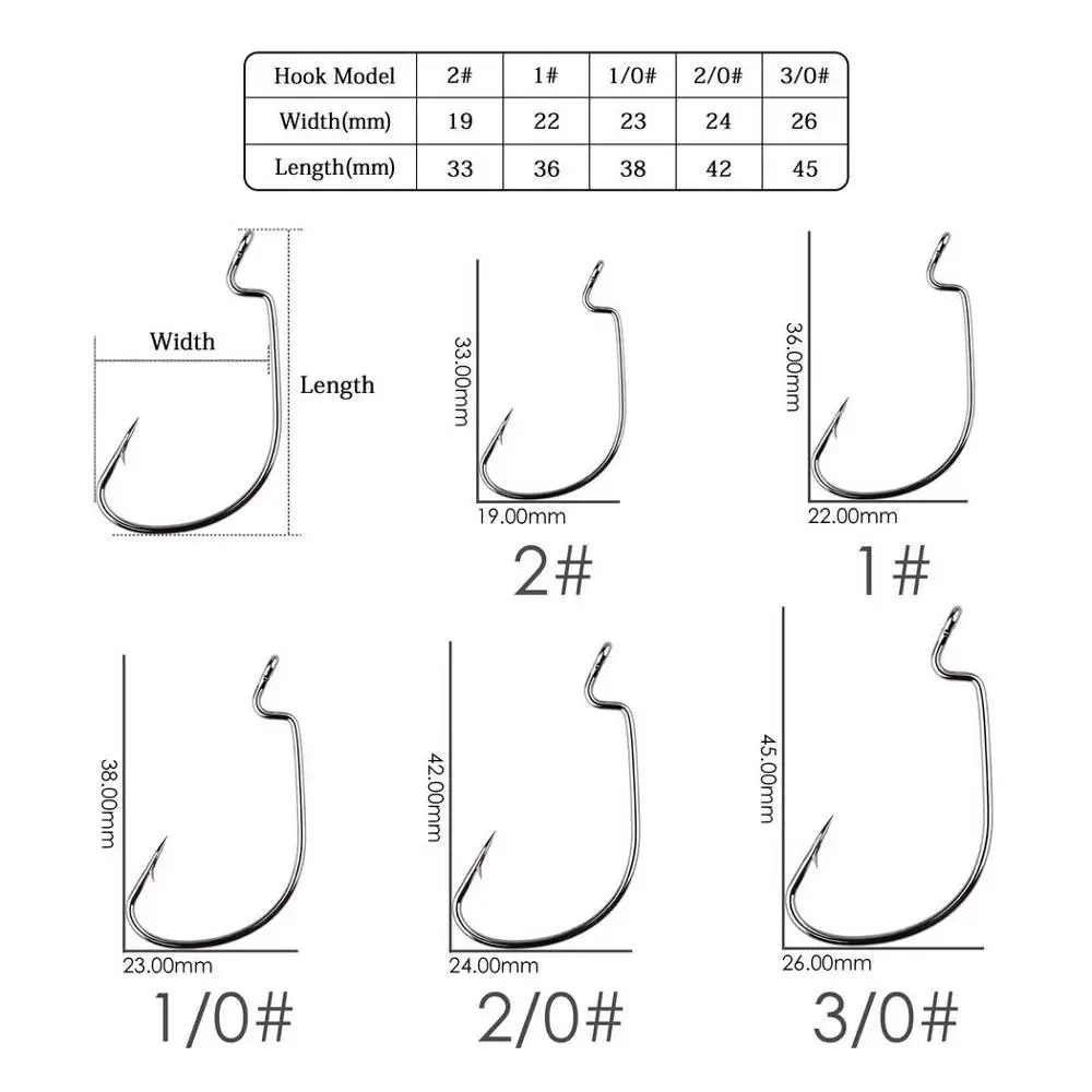 50pcs/box Offset Fishing Hook Jig Head Wide Crank Fishhook For Soft Worm Lure Barbed Carp Fishing Hooks #3/0 #2/0 #1/0 #1 #2