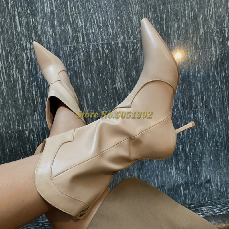 Slouchy Ankle Women Boots Thin High Heel 6.5 cm Slip On Sexy Pointed Toe Dress Ladies Boots Solid Nude Black White Boots Runway