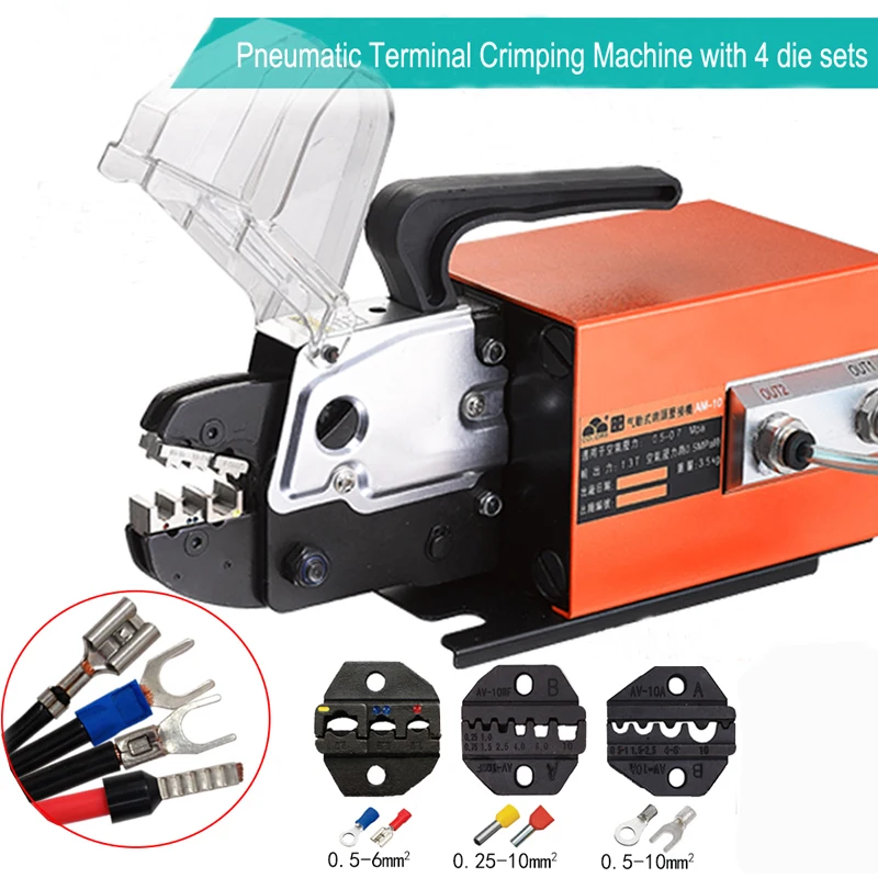 Pneumatic Crimping Machine Air Powered Terminal Crimper Tool with 3 Die Sets for Cable Wire Ferrules