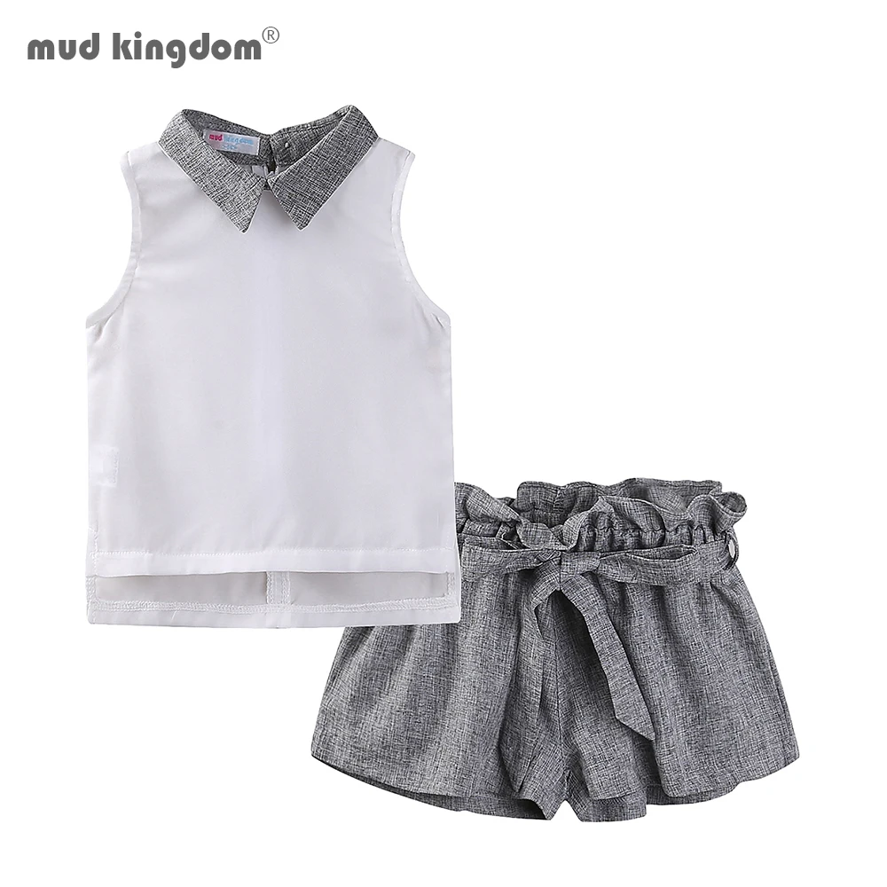 

Mudkingdom Girls Outfits Sleeveless Chiffon Turn-down Collar Tops Fashion Shorts Sets Summer