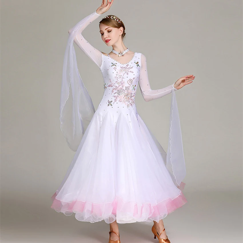 Large Skirt Waltz Dress 2024 High Quality White Waltz Competition Suit Long Sleeves Ballroom Dance Clothes Rhinestones High-end