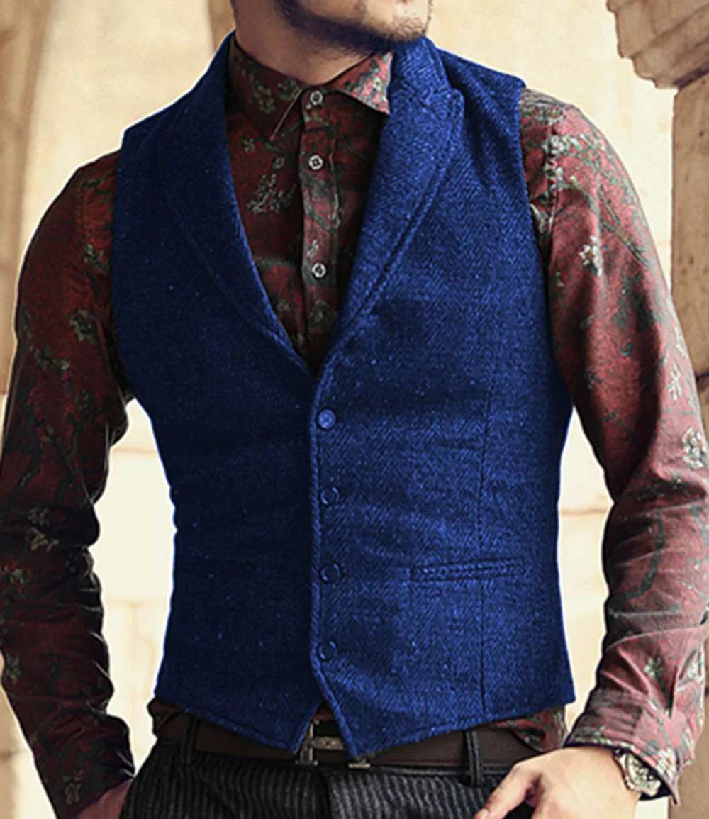 Men\'s Classic Suit Vest Herringbone Pattern Business Waistcoat Notch Lapel Wool Tweed Groomsmen Waistcoat For Wedding