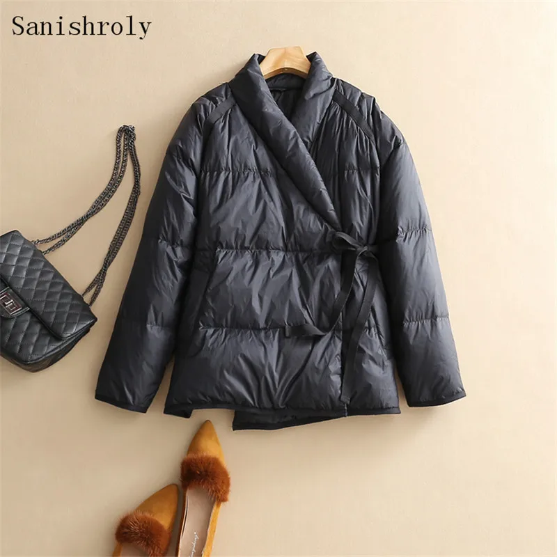 Vintage Oblique Collar 90%White Duck Down Coat Autumn Winter Women Tie Bow Short Oversize Jacket Lady Fashion Casual Down Parkas