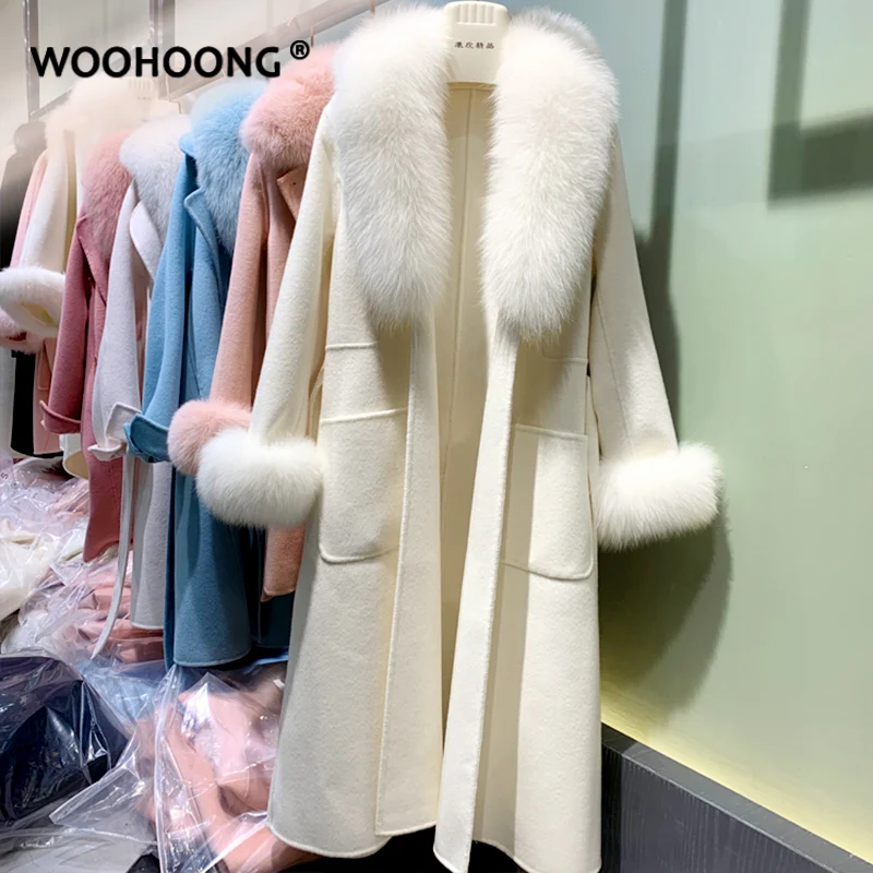 

Winter Coat Elegant Women Real Natural Fox Fur Jacket Socialite Cashmere Double Faced Wool Outerwear Ladies Coats Fox Cuff Belt