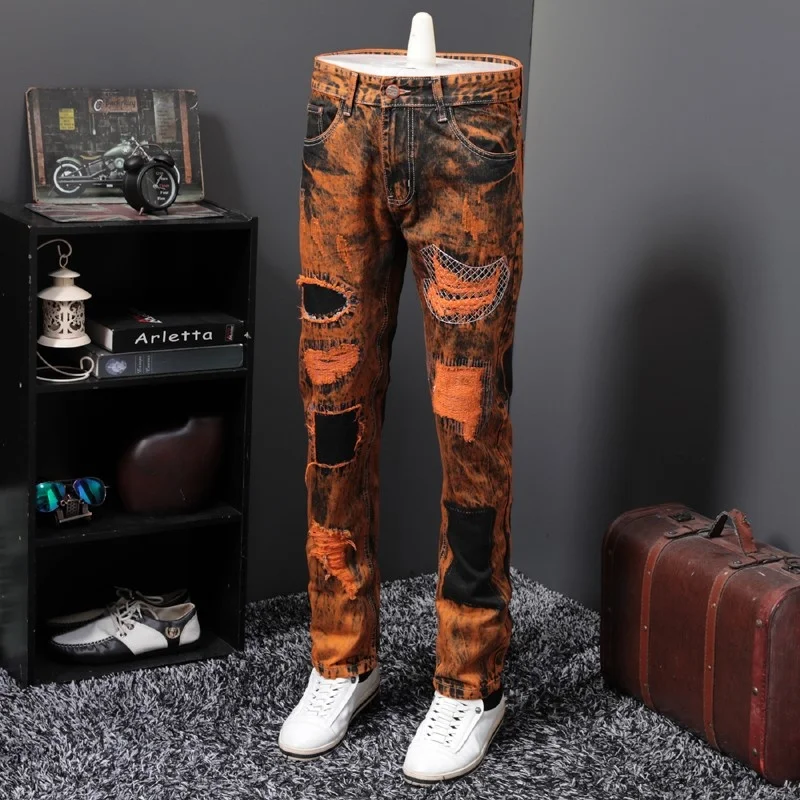 European Personality Mens Vintage Hole Patch Denim Pants Full Length Straight Punk Style Plus Size Jeans Hombre Streetwear