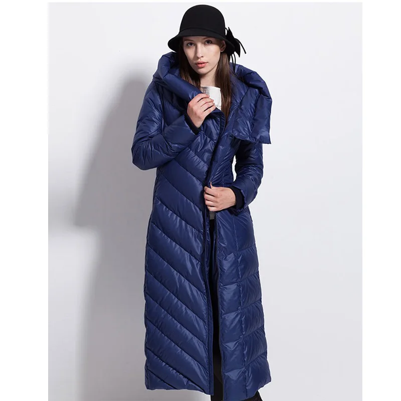 Womens Winter down coat waterproof long  thick  puffer hat black  4XL dark blue female  jackets