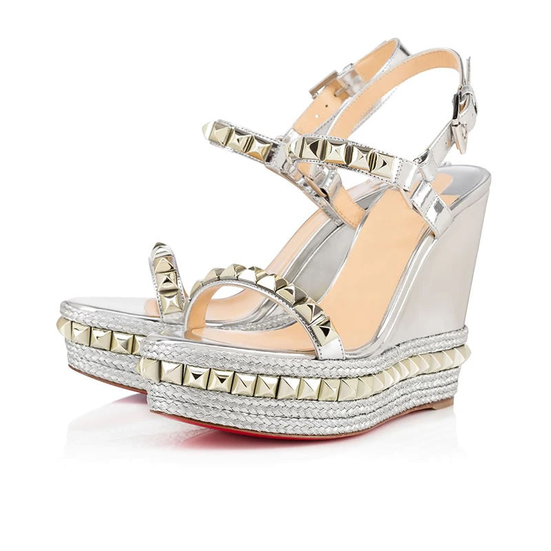 Rivet Wedges Sandals Waterproof Super High Heel Summer Women Shoes Ankle Buckle Round Open Toe Cut Out Silver Sandals