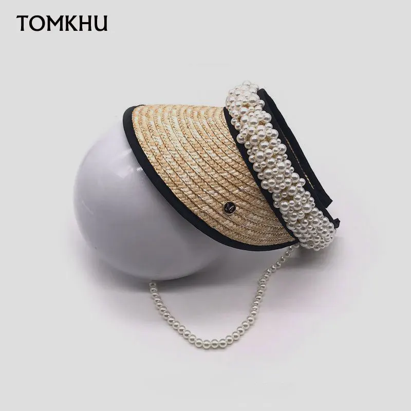 100% Handmade Customize Pearl Empty Top Visor Women Spring Summer New Design Straw Sun Hats Beach Caps for Female High Quality