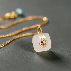 sNew silver Hetian white jade square  pendant necklace exquisite gold cold wind light luxury charm noble women brand jewelry