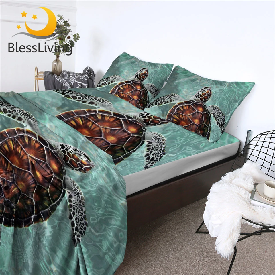 

BlessLiving Sea Turtle Fitted Sheet Set Marine Animal Bed Sheet Tortoise Bed Linen Ocean 3D Printed Flat Sheet sabanas 4-Piece