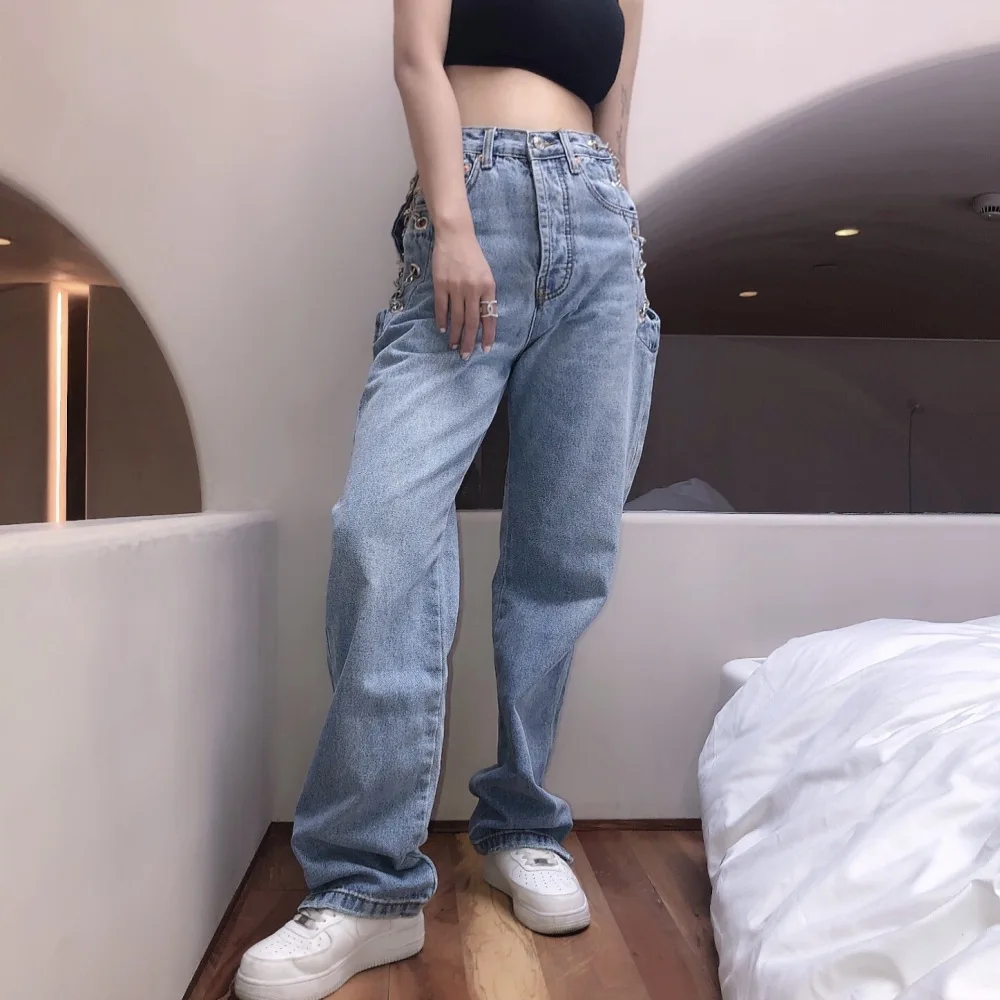 harajuku high waist quality hollow out Chain design Slim jeans woman leisure streetwear Commute strgight mujer woman's jeans