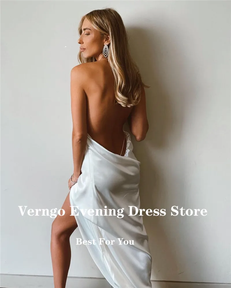 Verngo Sexy bianco senza spalline abito da sera lungo da sera collo in pizzo raso di seta spacco laterale aperto sul retro abito da ballo spiaggia personalizzato