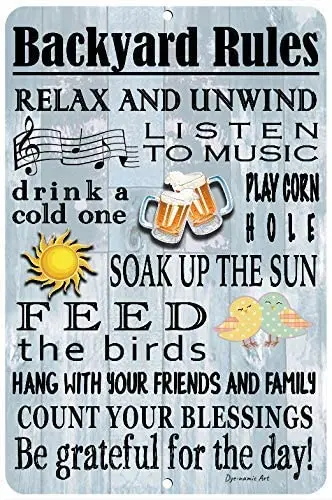 Dyenamic Art Backyard Rules Metal Sign - Lightweight Aluminum Sign Decor - Indoor/Outdoor Metal Sign with Pre-Drilled Holes