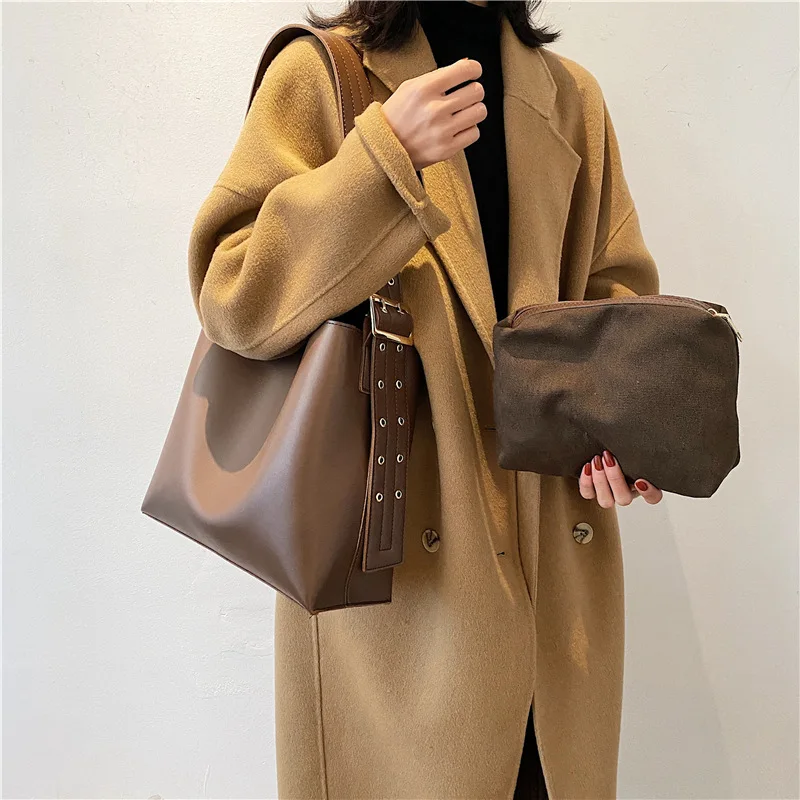 Fashion Commuting Vintage Wide Shoulder Strap Large-Capacity Tote-Bag Casual Versatile Crossbody Bags Women 2021 New Trendy