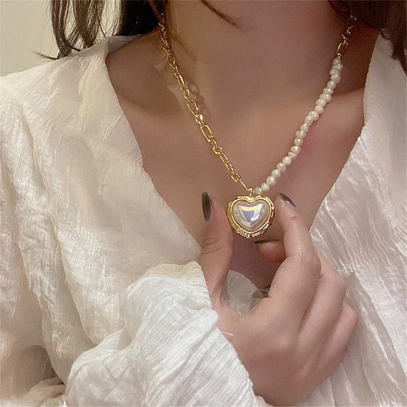 YANGLIUJIA Freshwater Pearl Heart-shaped Pendant Necklace South Korean Style Fashionable Joker Sweet Necklace Chain Of Clavicle