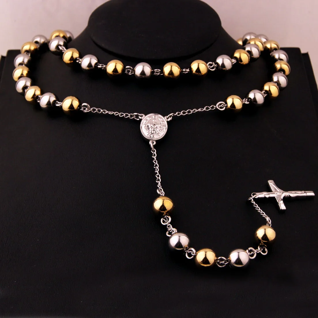 Heavy Mens Womens Chain Bead Rosary Cross Pendant Necklace Stainless Steel Gold Silver Color Jesus Christ 4/6/8/10mm