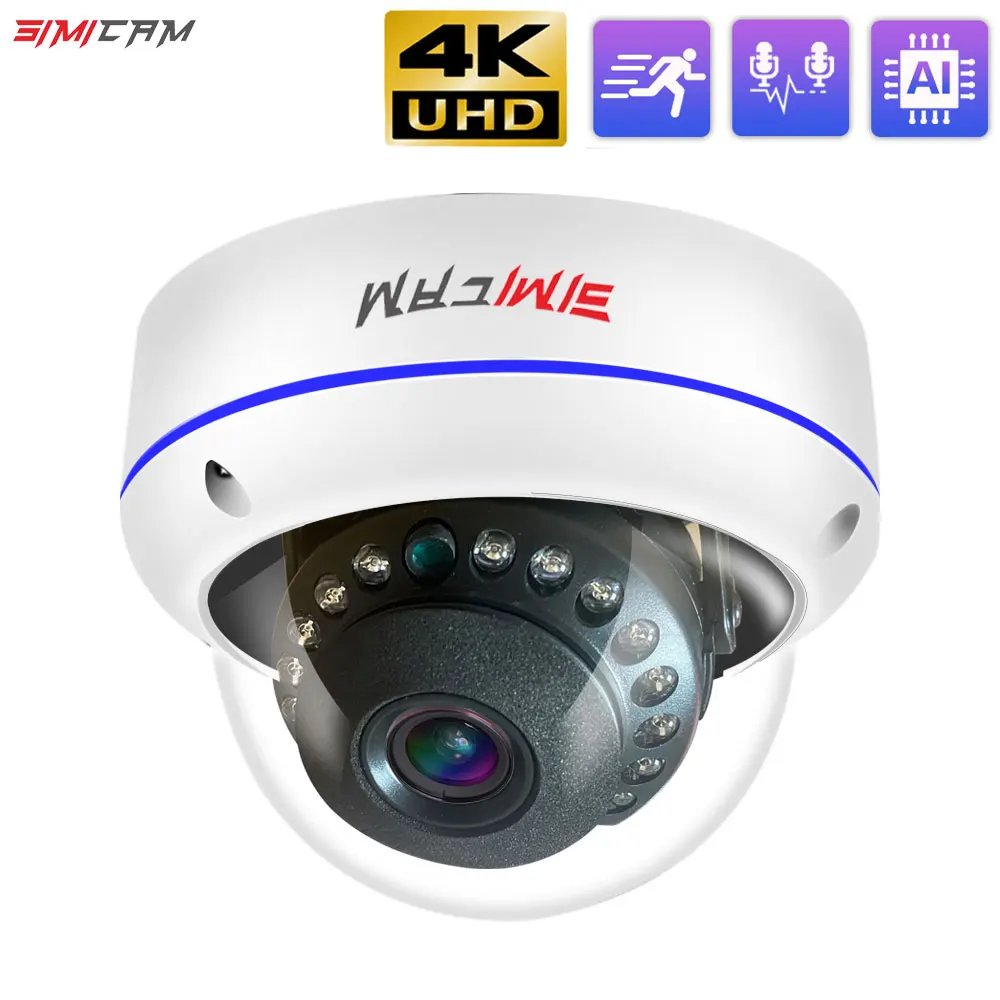 4K 8MP Segurança PoE Câmera IP Dome Metal shell Onvif H265 3840x2160 100ft Humano IR Night Vision Áudio Vídeo Vigilância SIMICAM