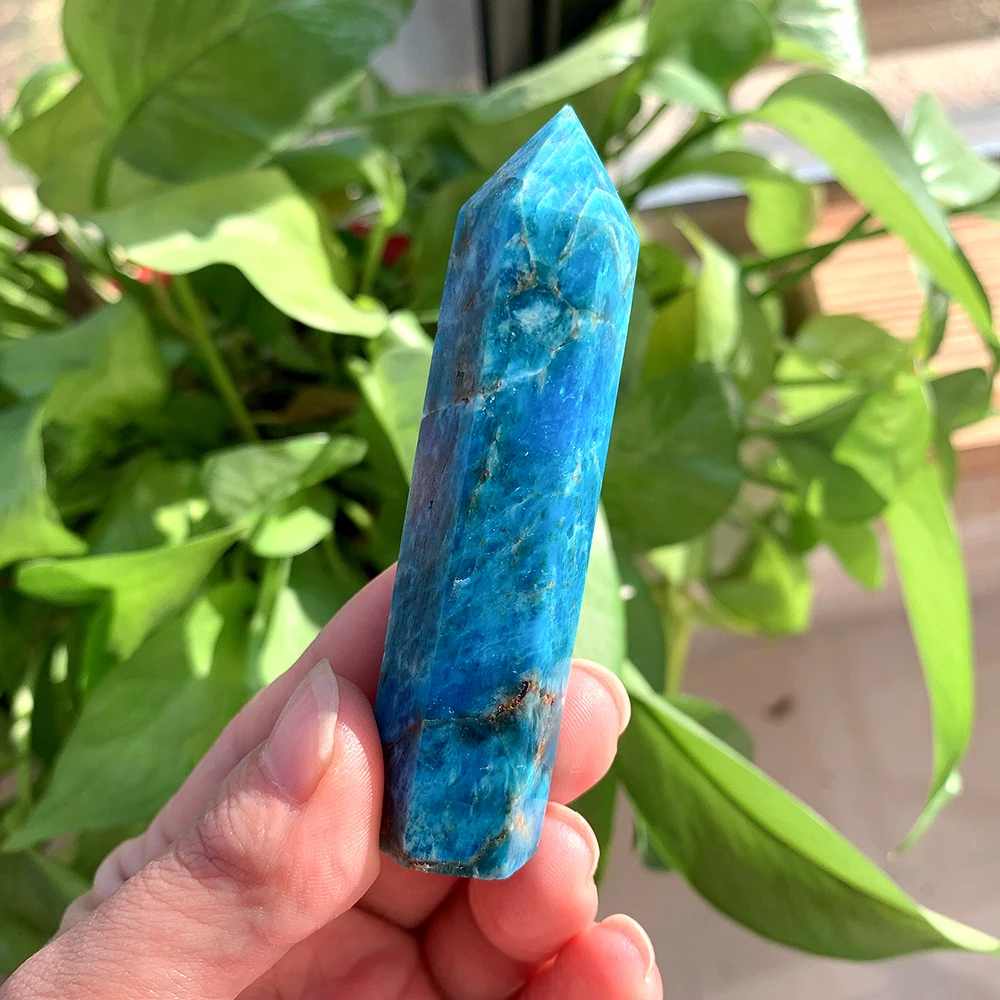 Natural Healing Crystal Blue Apatite Single Point Wand Reiki Polished Gemstone Hexagonal Obelisk Column Home Desk Decoration