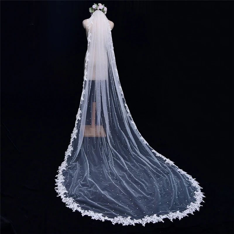 Pearls Tulle Bridal Veils With Comb Lace Appliques Edge White Ivory Cathedral Long Wedding Veils Accessories for Brides Luxury