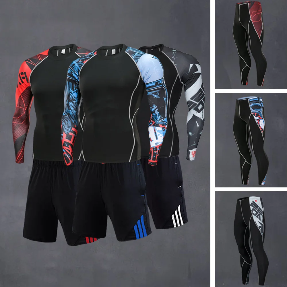 

Быстросохнущий мужской костюм 2 шт./компл., мужской комплект rashguard, компрессионная одежда для ММА, Мужская футболка с длинным рукавом + леггинсы, спортивный костюм для мужчин