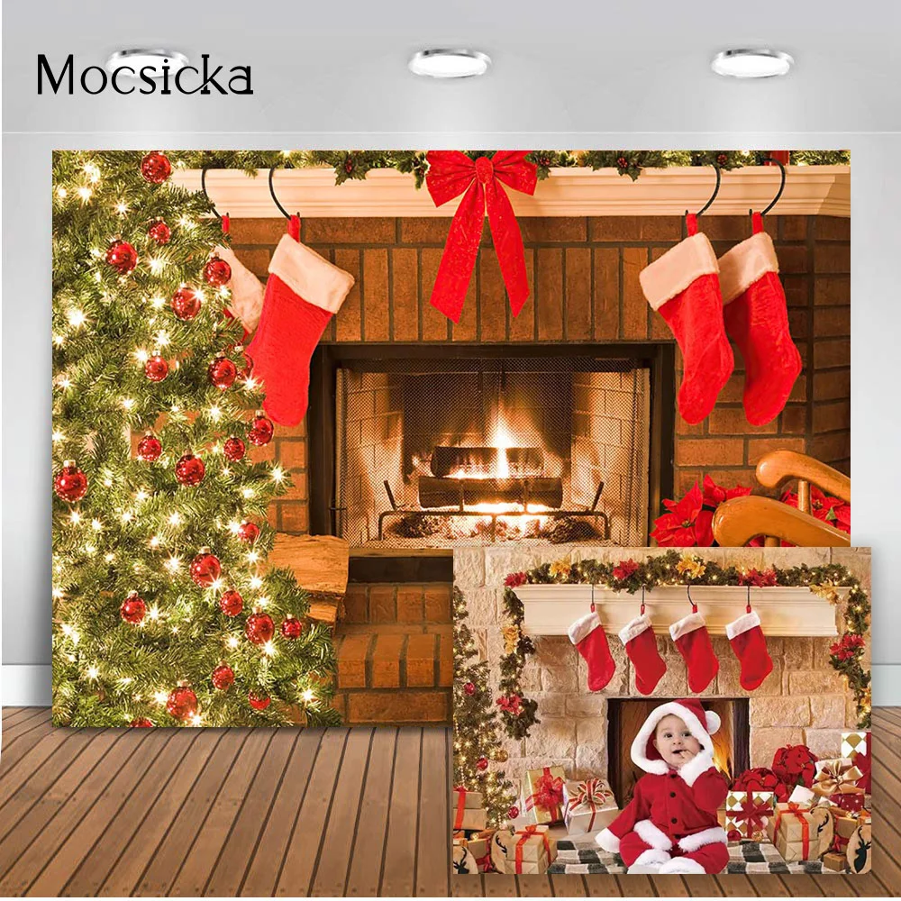 

Photography Christmas Fireplace Backdrop Fire X-mas Tree Red Sock Background for Photo Studio Newborn Kids Portrait Banner Props