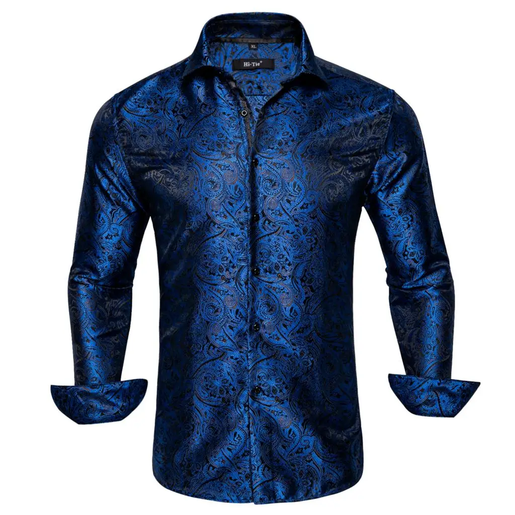 Hi-Tie Navy Blue Gold Paisley Floral Mens Silk Shirt Long Sleeve Casual Shirt For Men Jacquard Male Business Party Wedding Dress