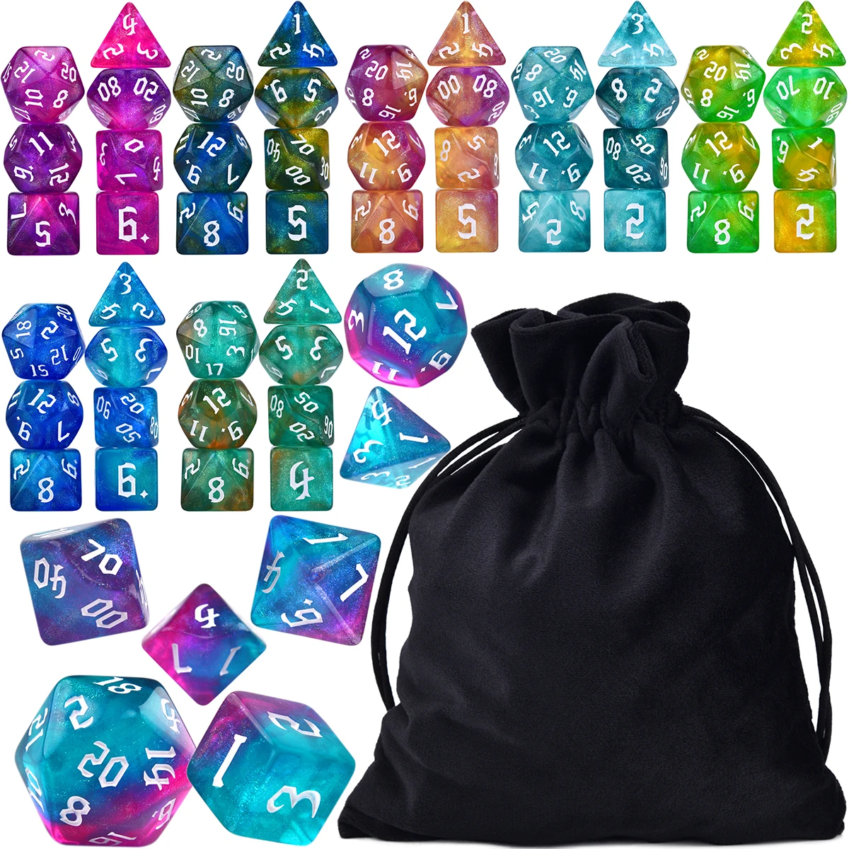 

8x7-Die Iridescent Glitter Polyhedral Dice Set Double Color D4 D6 D8 D10 D% D12 D20 for DND TRPG Dice Collector