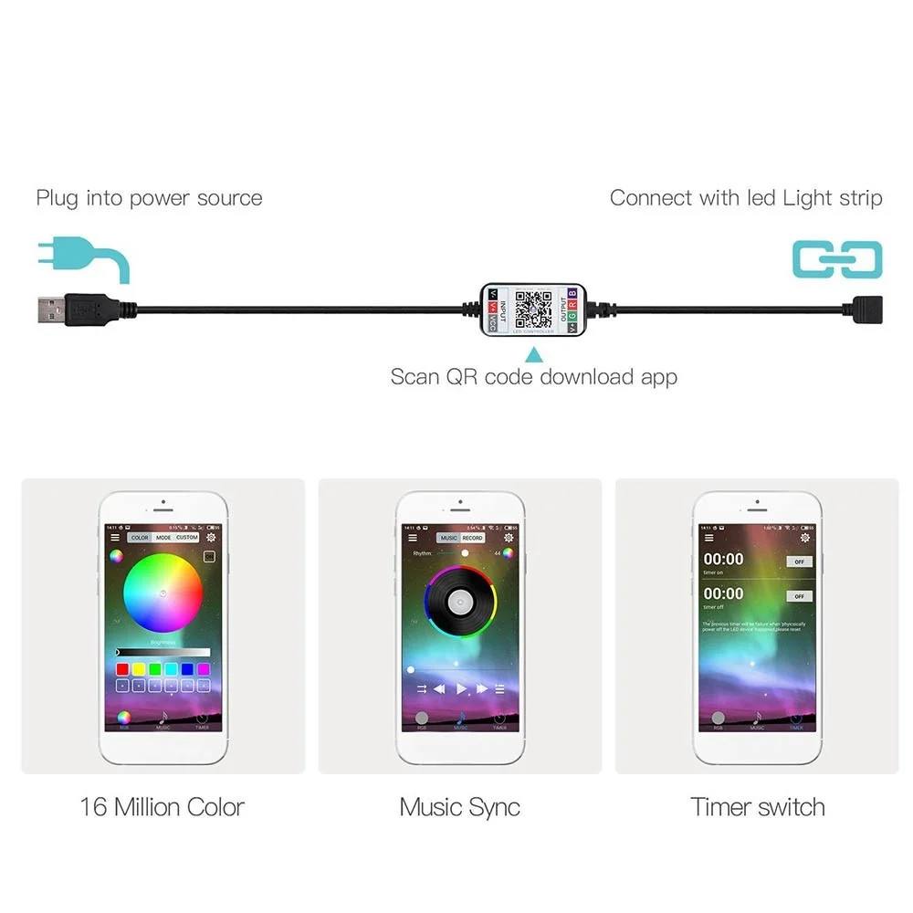 Tira de luces LED que cambian de Color, 2m, retroiluminación de TV, USB, RGB, con BT, controlador de aplicación para teléfono inteligente