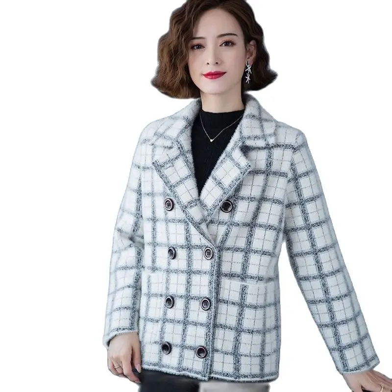 

Imitate Mink Fleece Miss Coat Fashion Lapel Lattice Knitting Women's Jacket Sweater Knit Cardigan Sweater Winter Mother Jacket