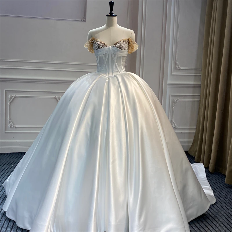 Classic Pearls Off Shoulder Satin Wedding Dress Sweetheart Lace Up Sweep Train Custom Made Bridal Ball Gown Vestido De Novia