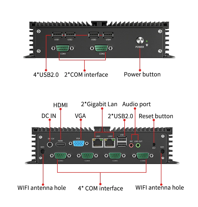 Mini PC industriale Fanless Core i7 i5 6200U Celeron J1900 HD WiFi 6 * RS232 RS485 Computer Windows 10 Linux Dual LAN 6 * COM