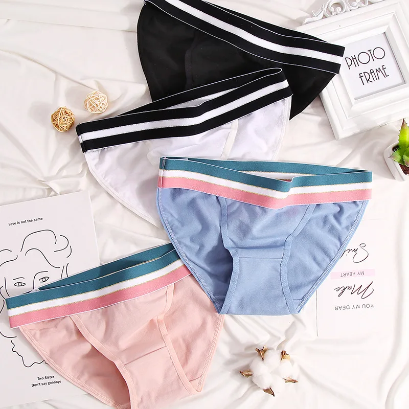 European Style Cotton Underwear Sexy Stripe Solid Color Panties Fashion Bikini  Briefs Low Waist Seamless Underpants Lingerie