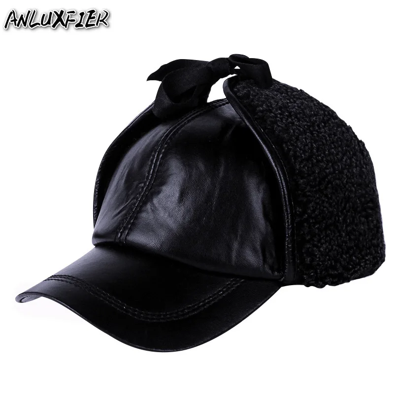 

B-9483 Male Genuine Leather Hat Ear Protection Winter Warm Hats Men's Leather Protective Earpiece Cap Baseball Cap Velvet Inside