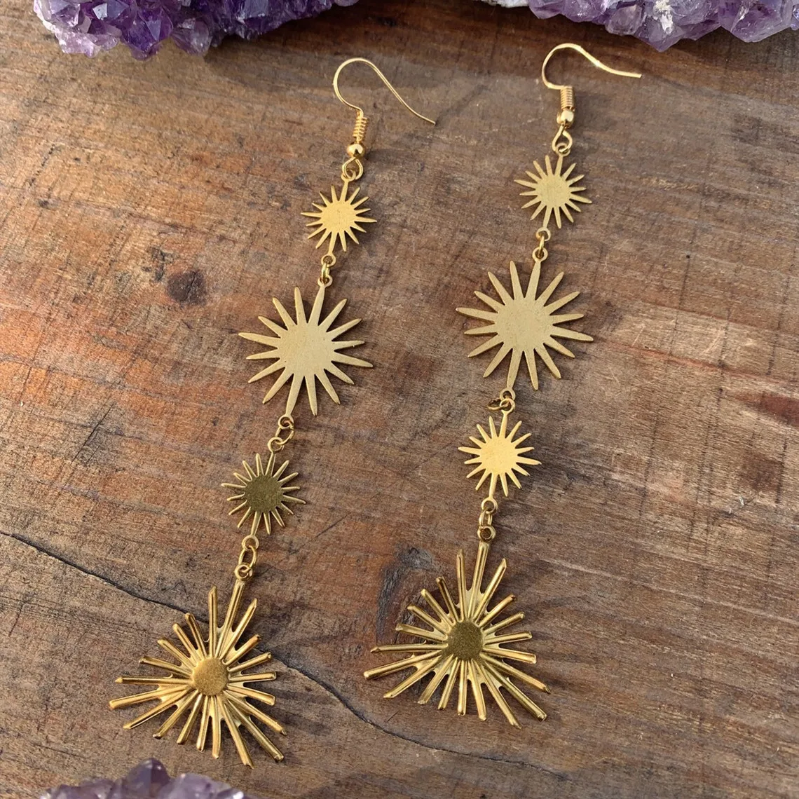 New Long Star Sunburst Golden Brass Earrings Hypoallergenic