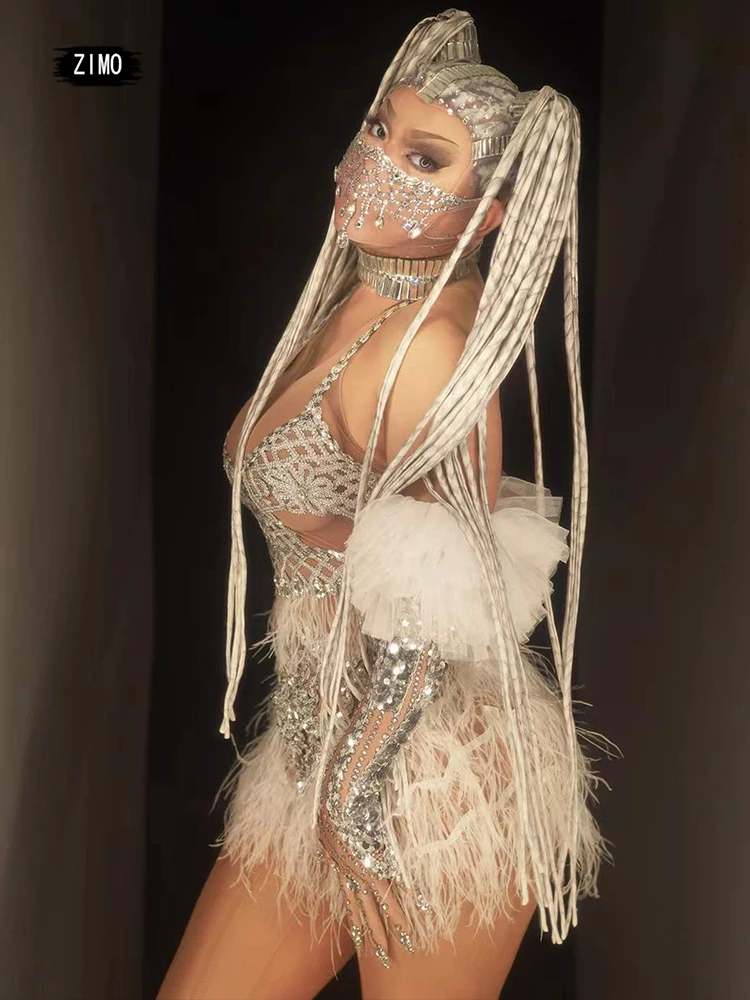 new arrival sequin dress feather sexy Women Birthday party club Celebrate See Through Stage Dance DJ festival outfit drag queen