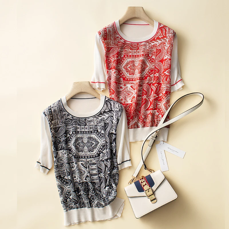 

Silk T shirts Women Patchwork Knite Sleeve O Neck Print Top Women Short Sleeve Shirt For Women Basic Elegant New Fashion