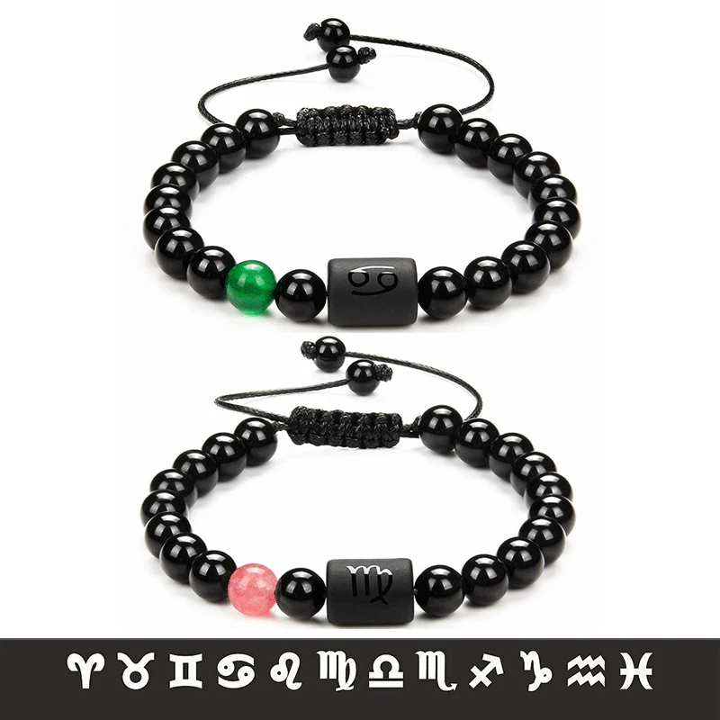 8mm Natural Black Onyx Stone Zodiac Signs Bracelet Charm Constellation Natural Stone Beaded Bracelets for Men Women Gifts