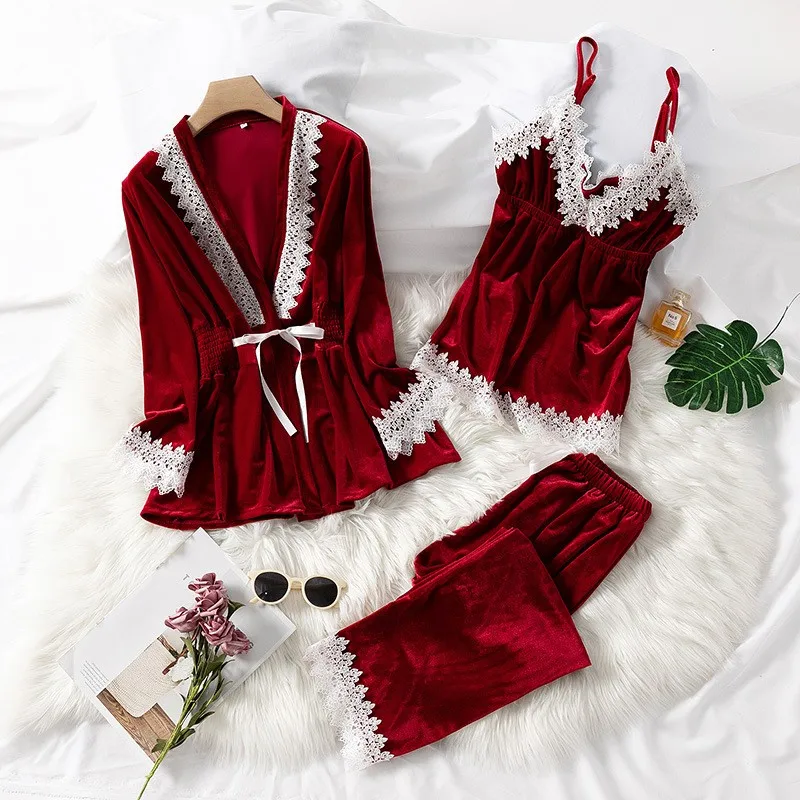 3PCS Pajamas Suit Female Sleep Set Velvet Sexy Lace Patchwork Nightwear Home Clothing Velour Lady Sleepwear Intimate Lingerie