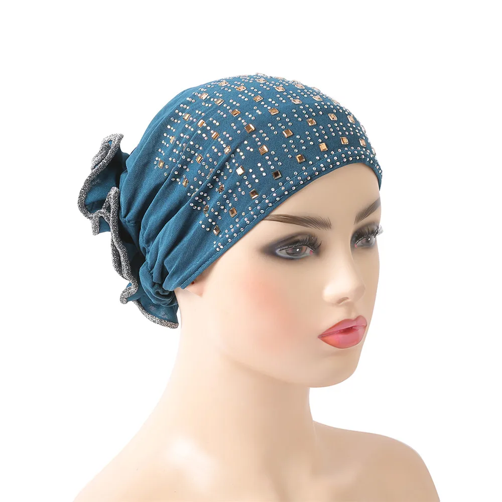 Muslim Women Flower Cancer Chemo Hat Bonnet Hair Loss Cap Islamic Turban Cap Head Wrap Cover Beanies Skullies Arab Rhinestone