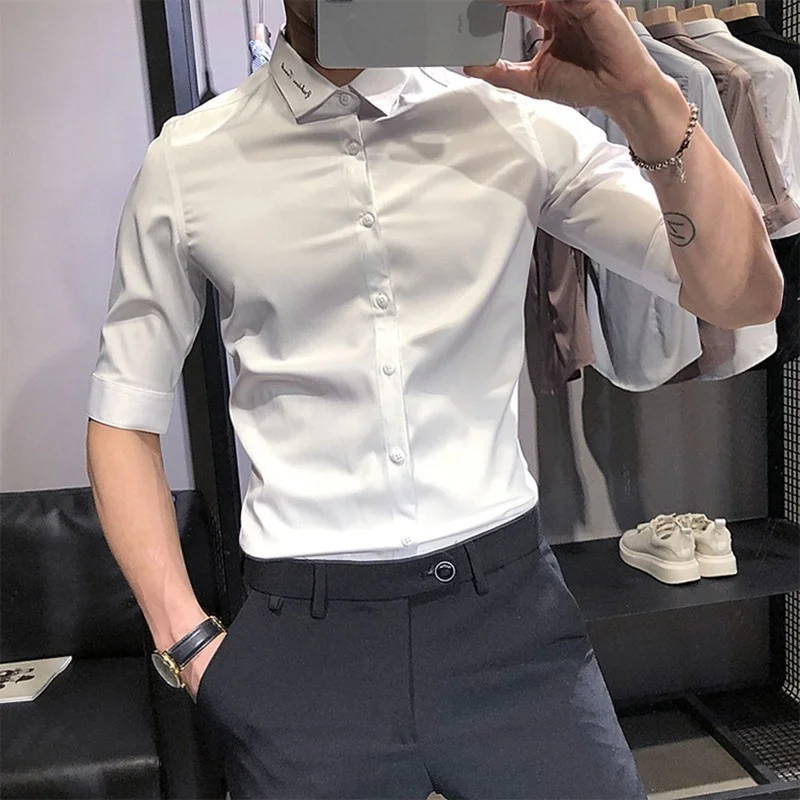 Summer 2022 Mens New Korean Style Slim Turn-Down Collar Concise Fashion Business Casual Shirt Vintage Outdoor Male Blouse