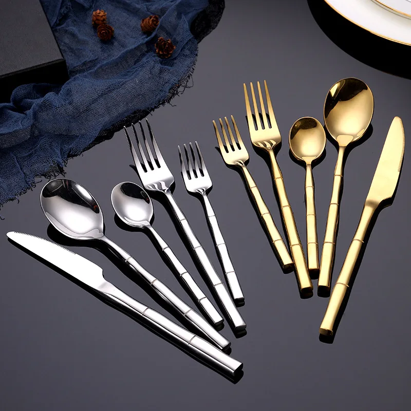 Gold Cutlery Set Stainless Steel Steak Knife Fork Spoon Tableware Bamboo Design Luxury Cutlery Dinner Sets 24pcs