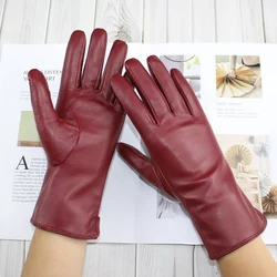 New women's leather color gloves sheepskin classic straight style knitted lining spring driving mittens autumn